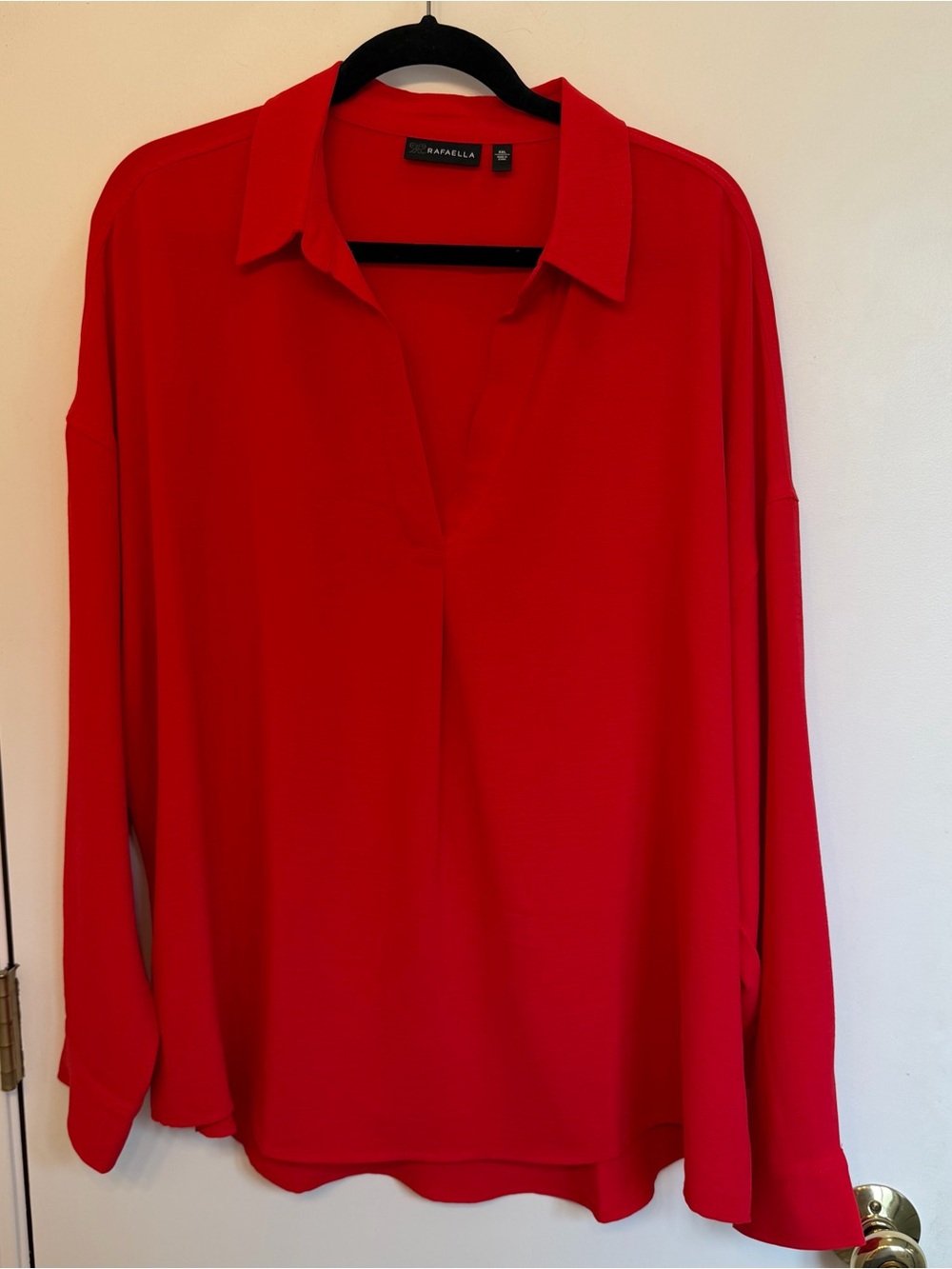 Rafaella Vibrant Red V-Neck Collared Long-Sleeve Blouse